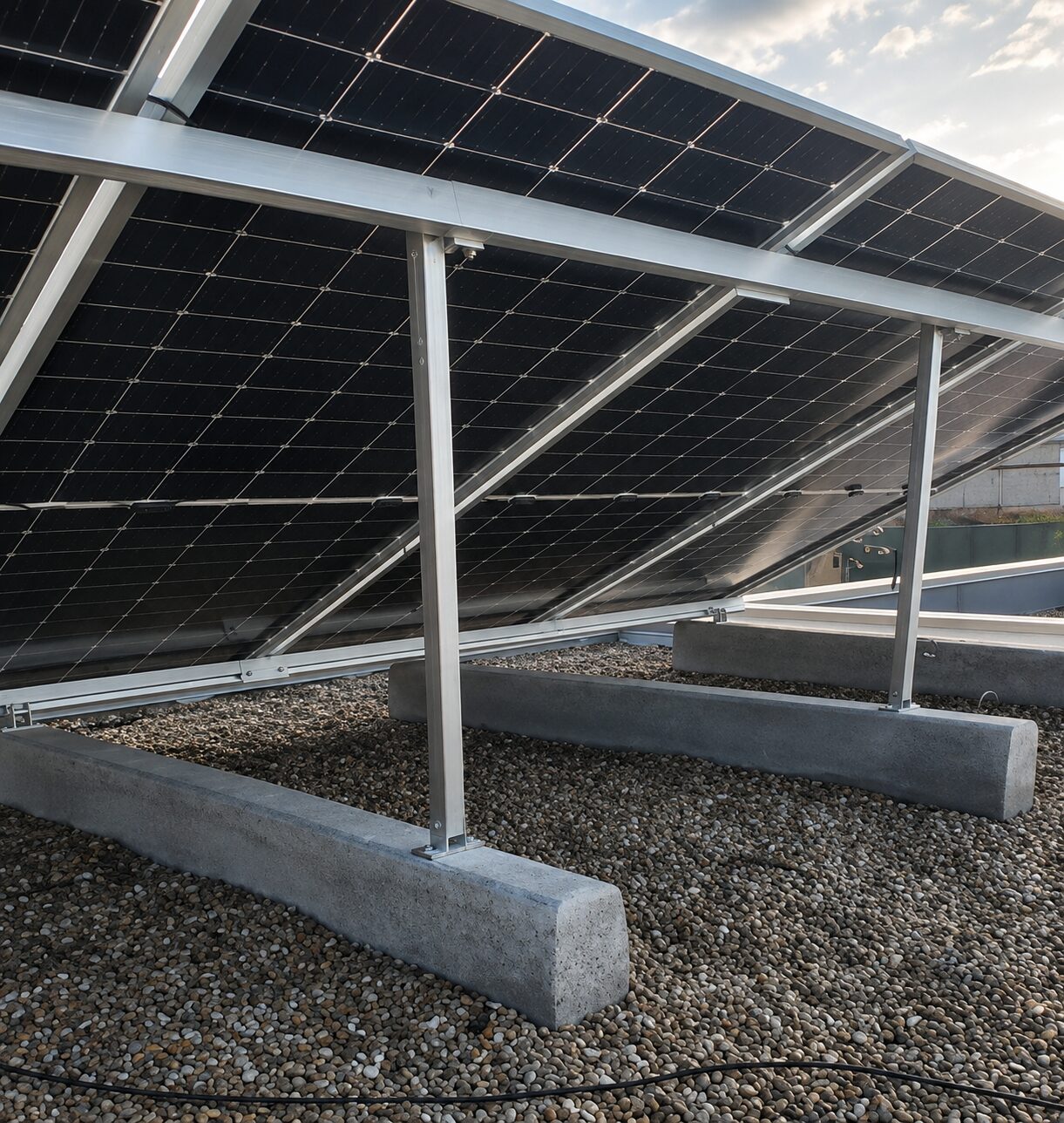 Pormenor da fixação da estrutura solar em cobertura plana
